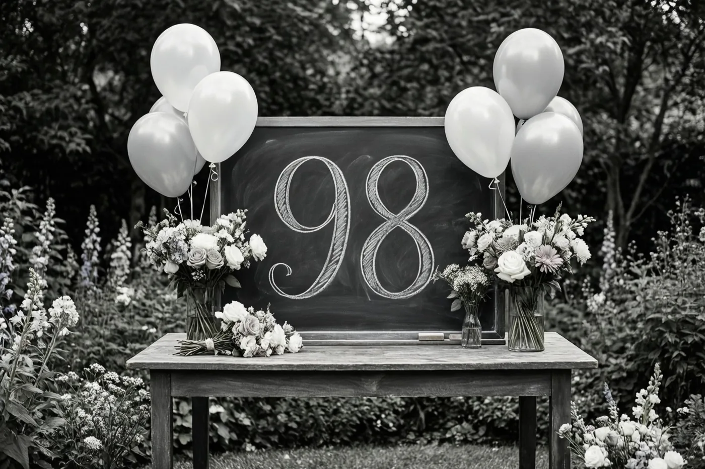 Een zwart-witfoto toont een krijtbord met 98 in wit krijt op een houten tuintafel tussen bloemen en ballonnen, met gebladerte op de achtergrond.