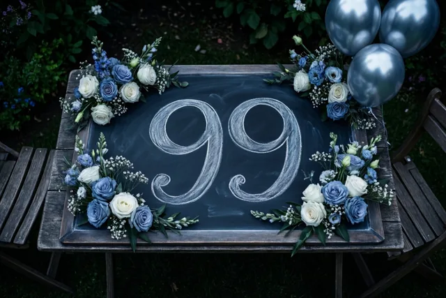 Op een houten tuintafel staat een krijtbord met 99 in wit krijt, omringd door blauwe en witte bloemstukken, zilveren ballonnen en groen.