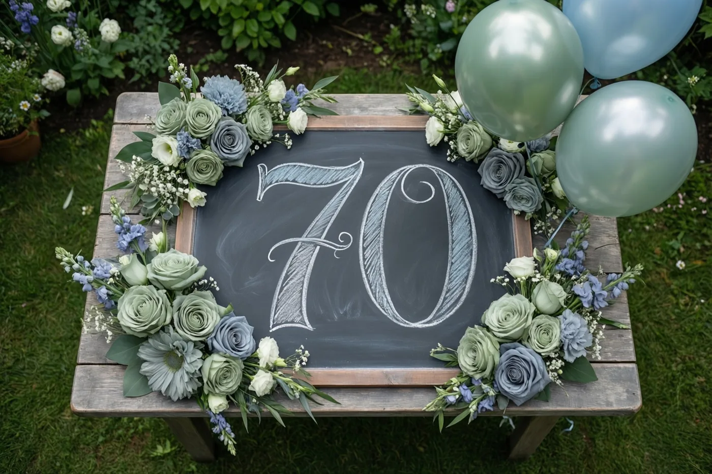 Een krijtbord met 70 in wit krijt staat op een houten tuintafel tussen groene, blauwe en witte bloemen en drie lichtblauwe en groene ballonnen, met gras en groen erachter.