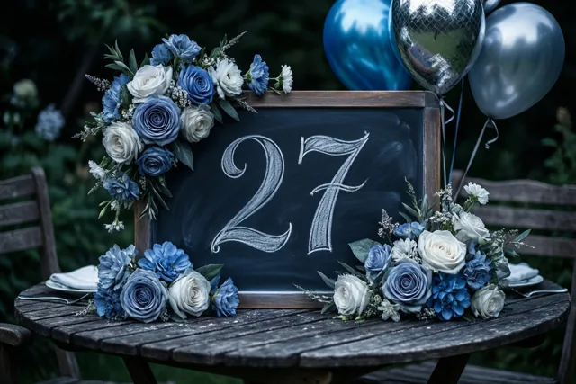 Een krijtbord met 27 in wit krijt staat op een houten tuintafel tussen blauwe en witte bloemstukken en ballonnen, tegen een donkere natuurlijke achtergrond.