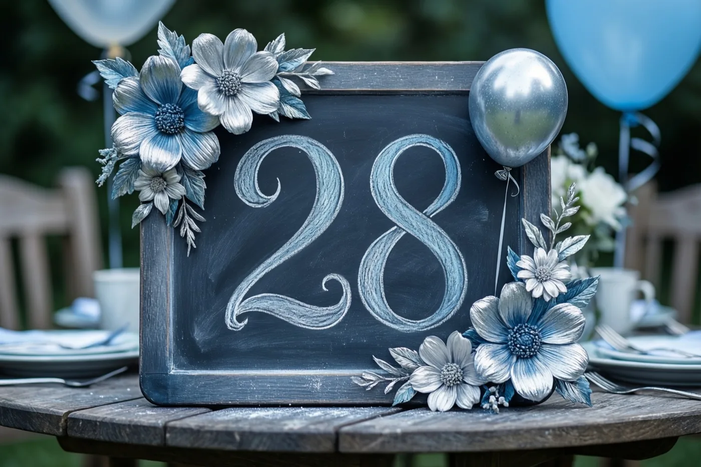 Een krijtbord met een sierlijk geschreven 28 staat op een houten tuintafel met decoratieve blauwe en zilveren bloemen en ballonnen, voor een onscherpe buitenachtergrond.