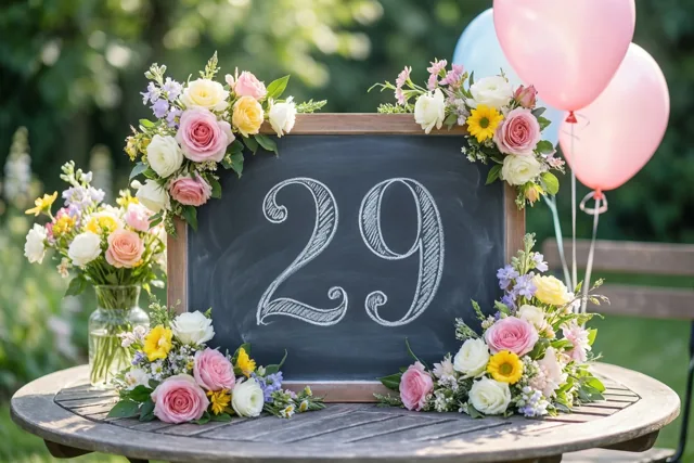 Een krijtbord met 29 in wit krijt staat tussen kleurrijke bloemen op een houten tuintafel, met ballonnen in het daglicht.