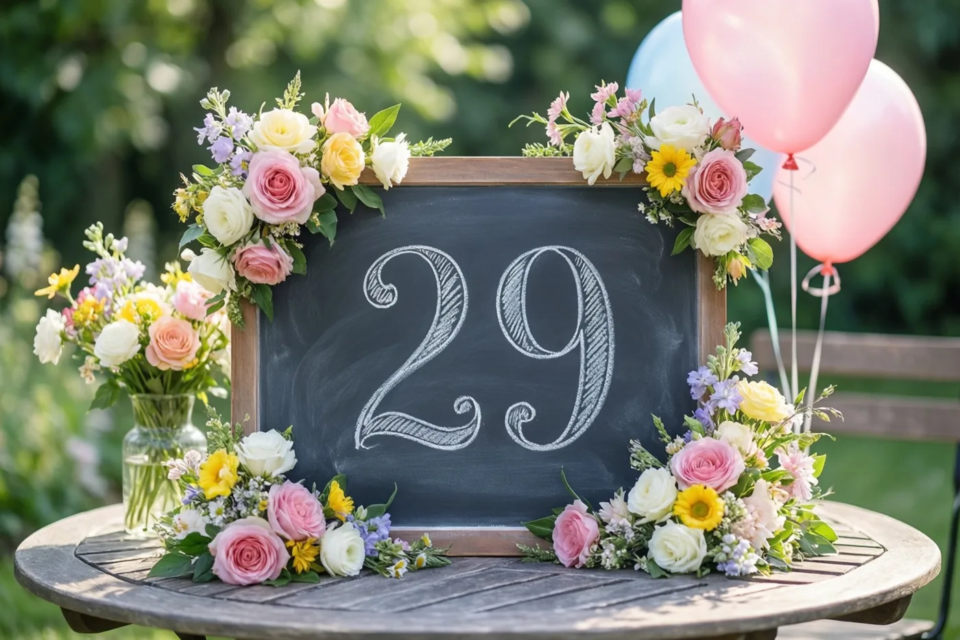 Een krijtbord met 29 in wit krijt staat tussen kleurrijke bloemen op een houten tuintafel, met ballonnen in het daglicht.