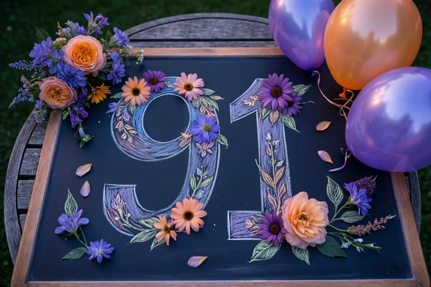 Een krijtbord met 91, echte bloemen en krijttekeningen staat op een houten tuintafel bij paarse en oranje ballonnen.