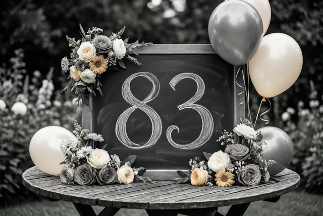 Een krijtbord met 83 in wit krijt staat tussen bloemstukken en ballonnen op een houten tuintafel in een overwegend monochroom beeld met kleuraccenten.