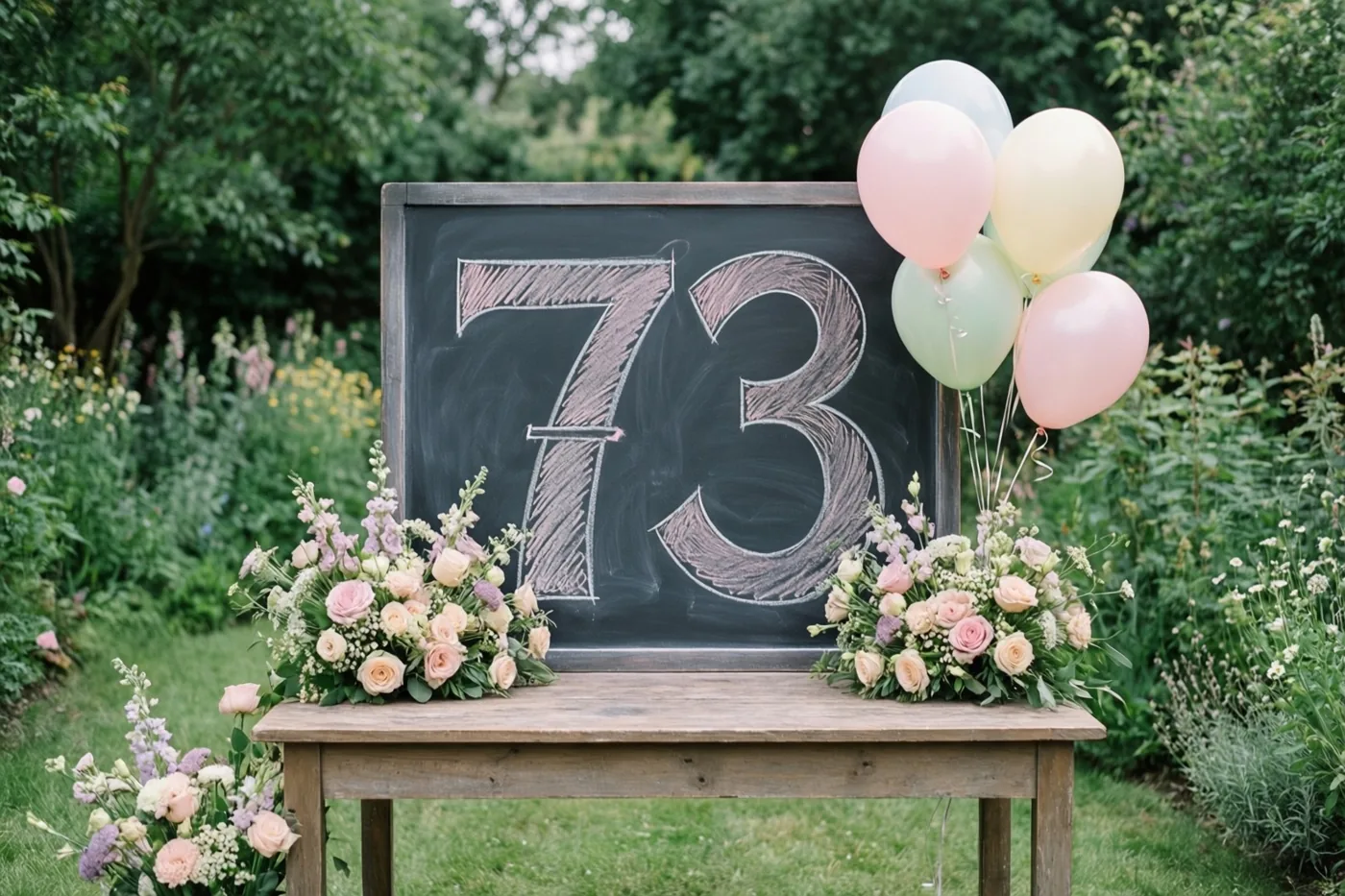 Een krijtbord met 73 in grote handgeschreven cijfers staat op een houten tuintafel tussen bloemstukken en pastelballonnen in een groene tuin.