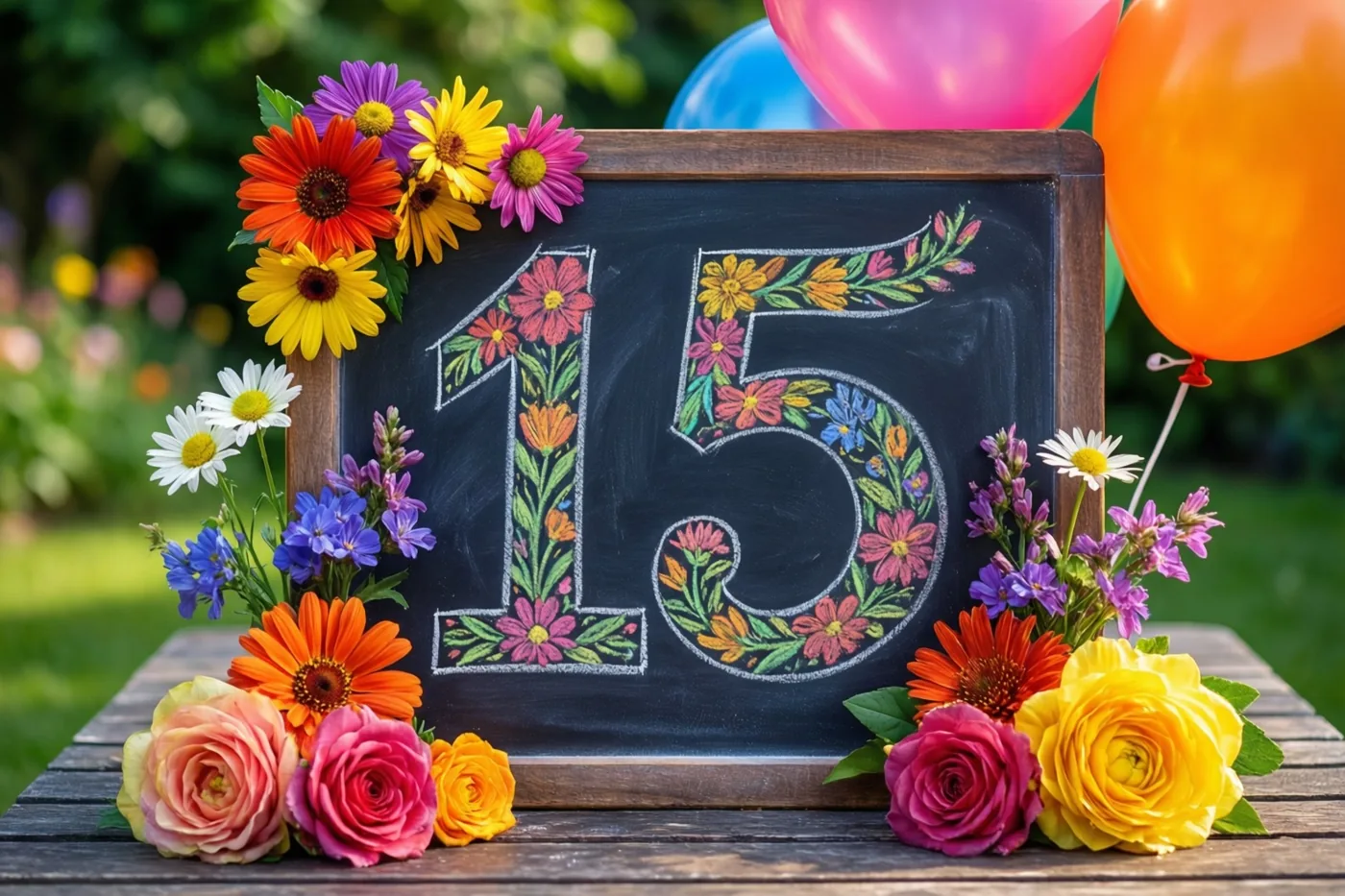 Een krijtbord met 15 en kleurrijke bloemen staat op een houten tuintafel tussen bloemstukken en pastelballonnen in een groene tuin.