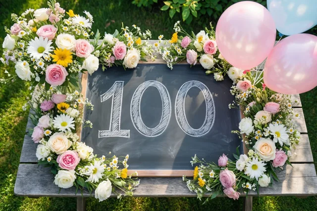 Een krijtbord met 100 in wit krijt staat op een houten tuintafel, omringd door roze, witte en gele bloemen en roze en lichtblauwe ballonnen.