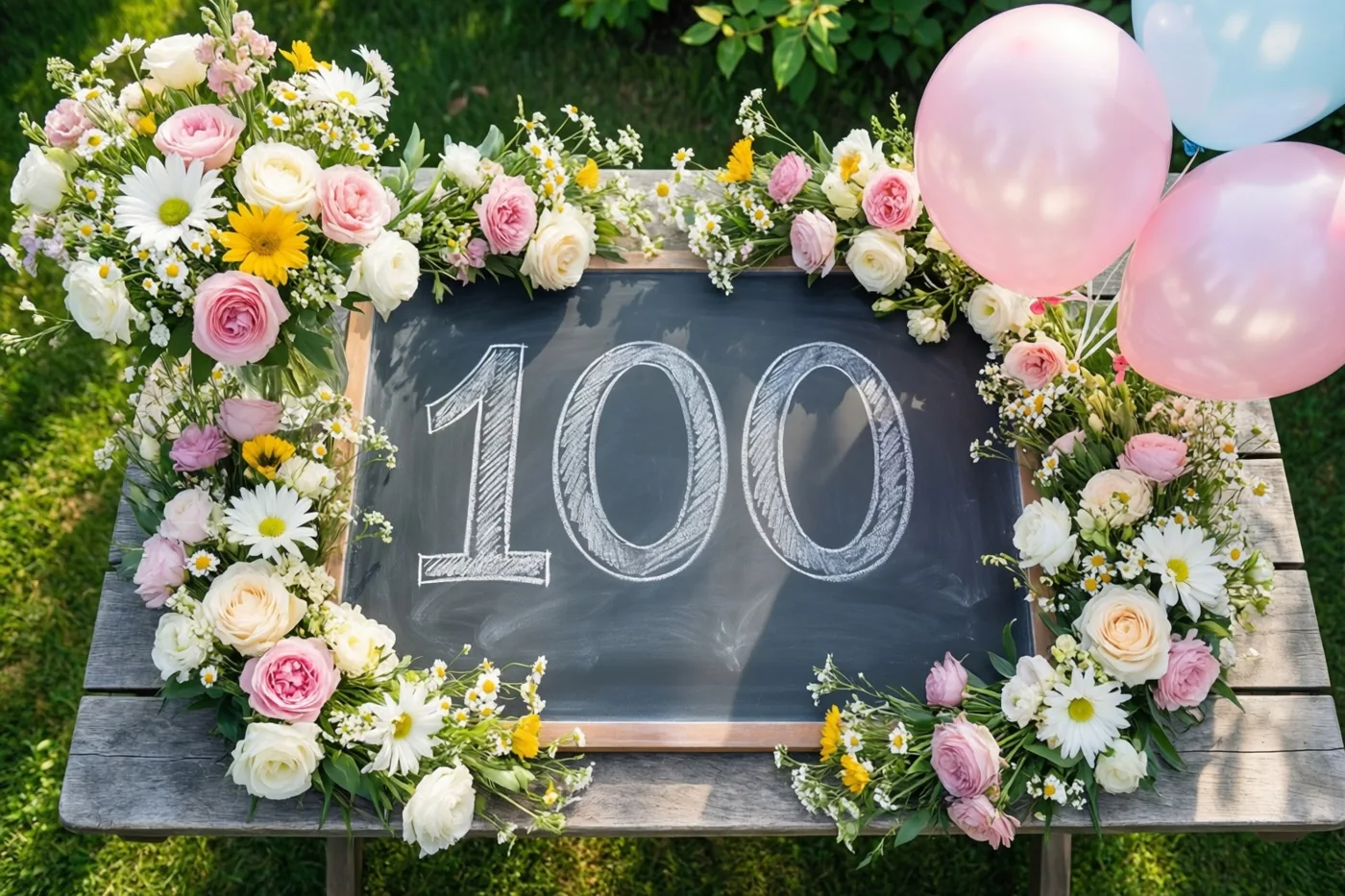 Een krijtbord met 100 in wit krijt staat op een houten tuintafel, omringd door roze, witte en gele bloemen en roze en lichtblauwe ballonnen.