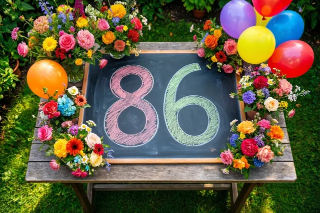 Een krijtbord met 86 in gekleurd krijt staat op een houten tuintafel tussen kleurrijke boeketten en ballonnen op een grasveld.