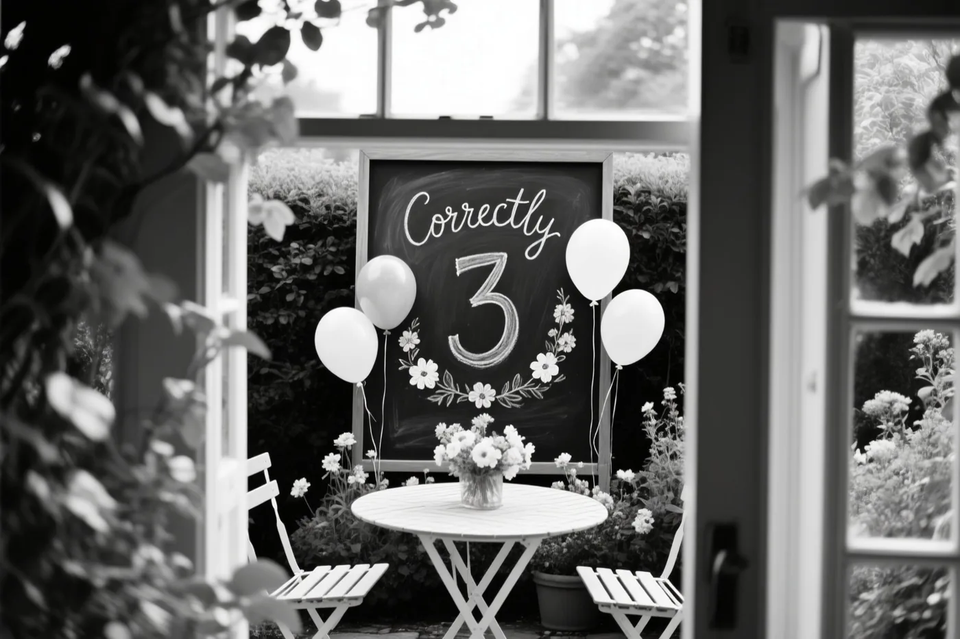 Een zwart-witfoto toont een krijtbord met het cijfer 3 en het woord 'Correctly' op een tuintafel tussen ballonnen en bloemen, omlijst door een deuropening en bladeren.