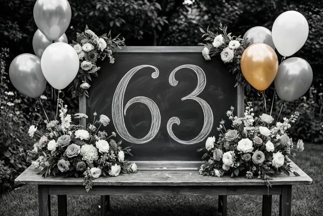 Een krijtbord met sierlijke cijfers 63 staat op een houten tuintafel tussen bloemen en ballonnen in een zwart-witbeeld met één gouden ballon.