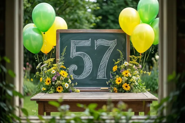 Door een raamkozijn is een krijtbord met 57 in wit krijt te zien op een houten tuintafel, tussen gele en groene ballonnen en kleurrijke bloemstukken.