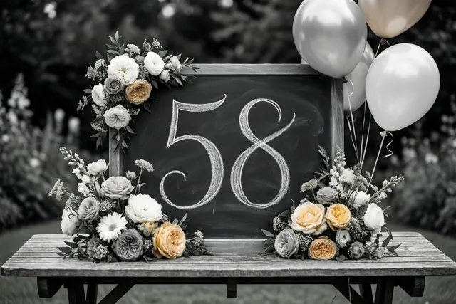Een krijtbord met 58 in wit krijt staat op een houten tuintafel, met gekleurde bloemen en ballonnen tegen een monochrome achtergrond.