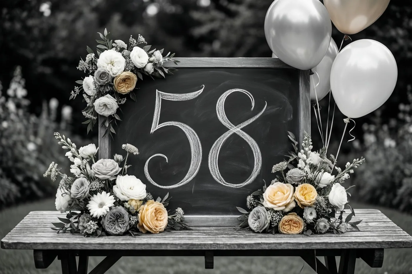 Een krijtbord met 58 in wit krijt staat op een houten tuintafel, met gekleurde bloemen en ballonnen tegen een monochrome achtergrond.