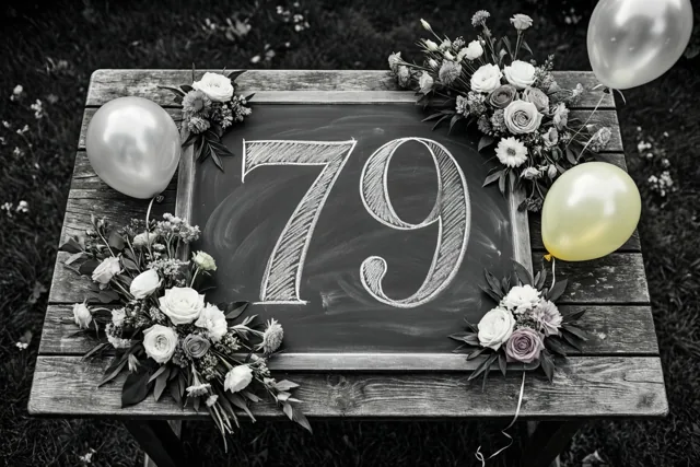 Een krijtbord met 79 in wit krijt staat op een houten tuintafel tussen bloemen en ballonnen, in zwart-wit met kleuraccenten op de bloemen en ballonnen.
