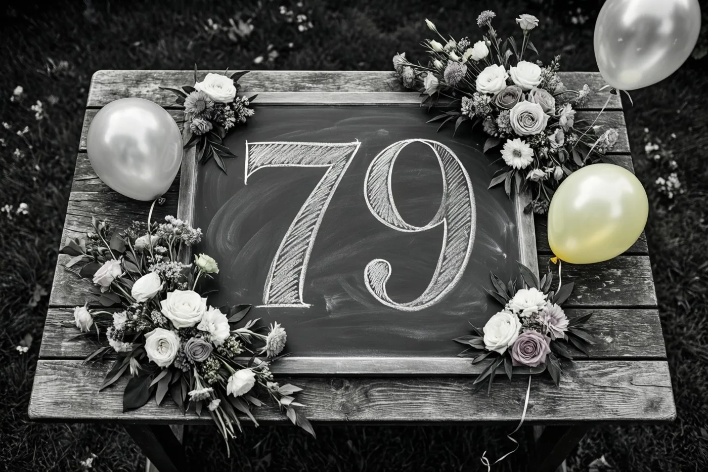 Een krijtbord met 79 in wit krijt staat op een houten tuintafel tussen bloemen en ballonnen, in zwart-wit met kleuraccenten op de bloemen en ballonnen.