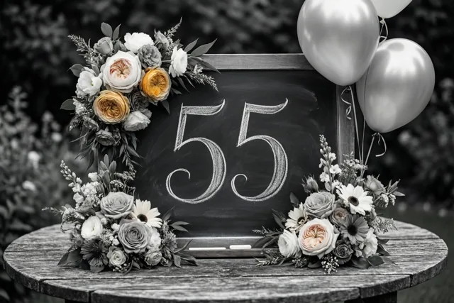 Een sierlijk beschreven krijtbord met 55 staat op een houten tuintafel tussen bloemstukken en zilveren ballonnen, in zwart-wit met kleuraccenten in de bloemen.