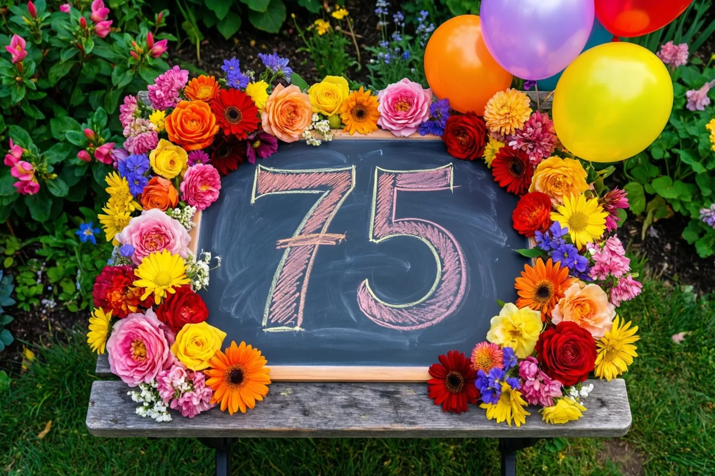 Een krijtbord met 75 in gekleurd krijt staat op een houten tuintafel tussen kleurrijke bloemen en ballonnen in een groene tuin.