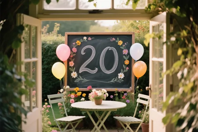 Door een open deur is een krijtbord met 20 en getekende bloemen in een tuin te zien, met ballonnen en een kleine tafel met stoelen.