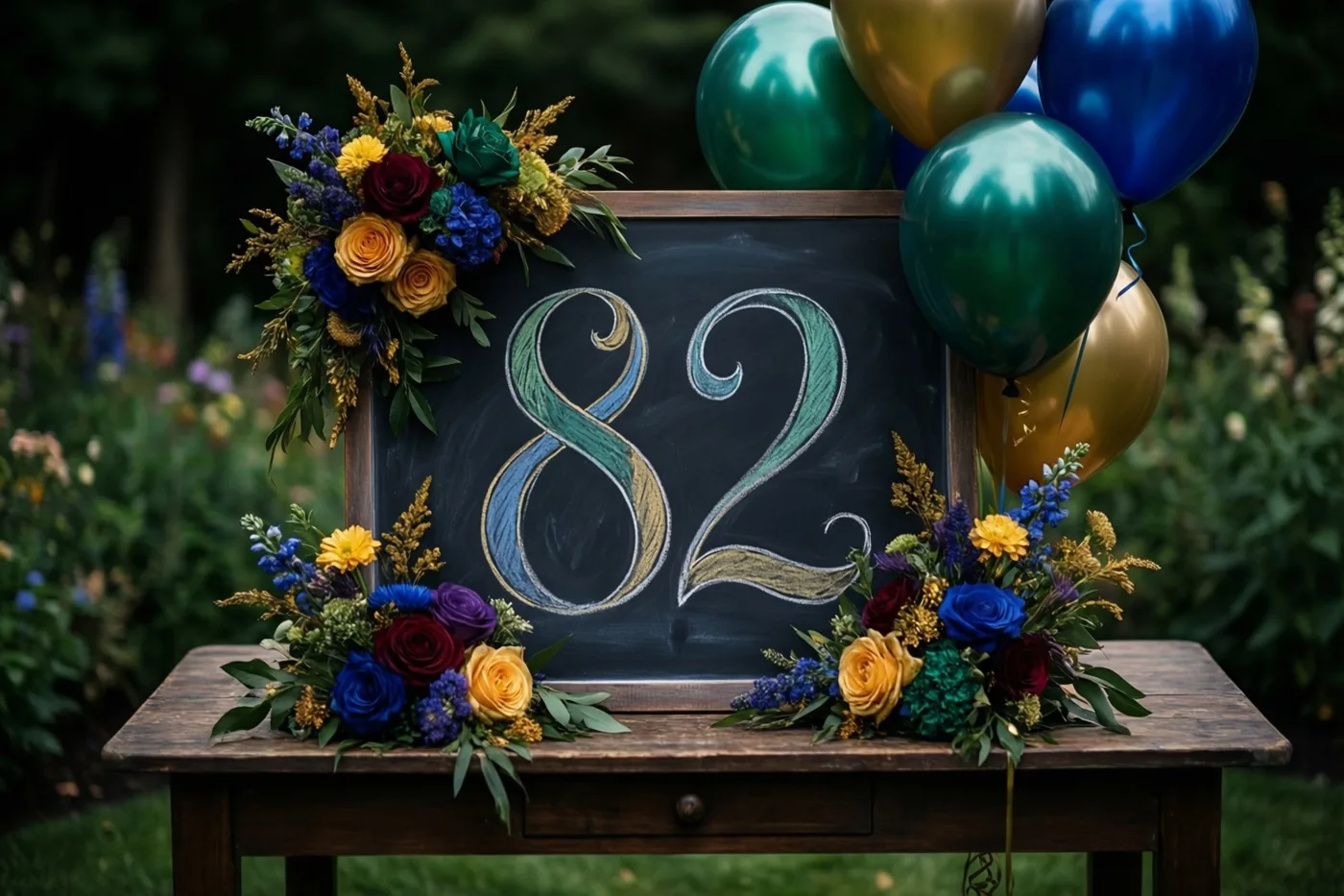 Een krijtbord met 82 in gekleurd krijt staat op een houten tuintafel tussen uitbundige bloemstukken en metaalglanzende ballonnen in een weelderige tuin.