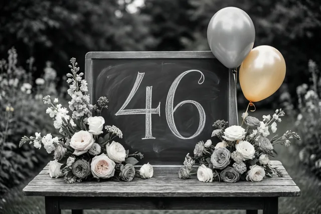 Een krijtbord met 46 in wit krijt staat op een houten tuintafel tussen bloemstukken en een zilveren en een gouden ballon, tegen een zachte monochrome achtergrond.