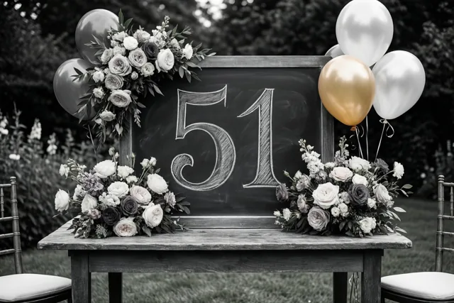 Een krijtbord met sierlijk geschreven cijfers 51 staat op een houten tuintafel tussen bloemstukken en ballonnen, in een zwart-witbeeld waarin een gouden ballon kleur behoudt.
