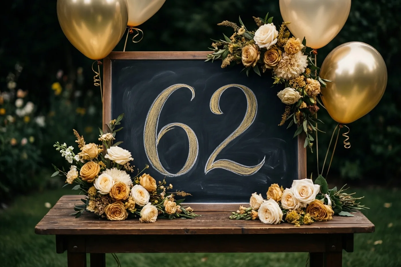 Een krijtbord met 62 in goudkleurig krijt staat op een houten tuintafel tussen bloemstukken en gouden ballonnen.