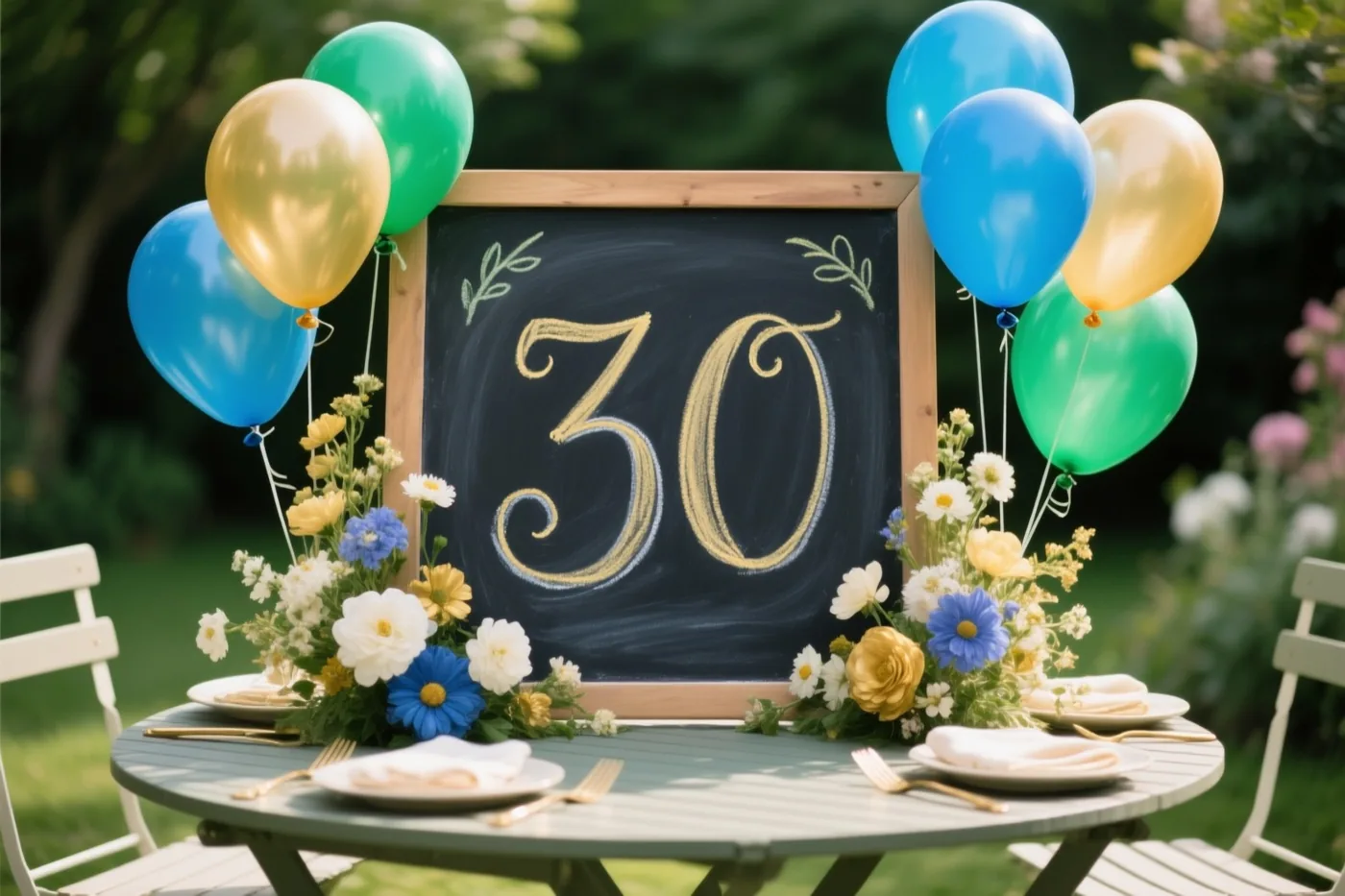 Een krijtbord met het getal 30 in goudkleurig krijt staat op een tuintafel tussen kleurrijke ballonnen en bloemstukken, met witte stoelen in de zonnige tuin.