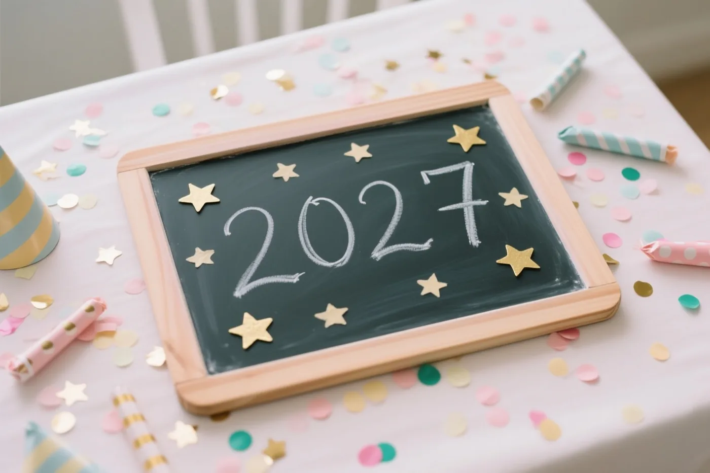 Een klein krijtbord met 2027 in wit krijt en gouden sterren staat op een feesttafel met pastelconfetti, feesthoedjes en slingers.
