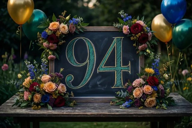 Een krijtbord met 94 in groen en goudkleurig krijt staat op een houten tuintafel tussen kleurrijke bloemstukken en ballonnen.