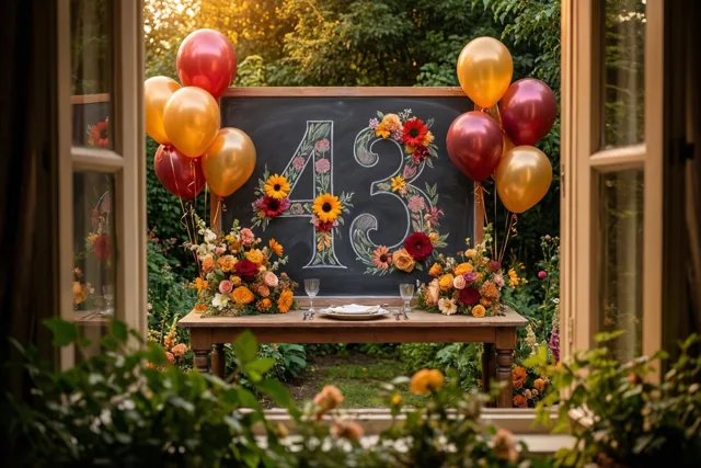 Door een open raam is een tuintafel te zien met een krijtbord met 43, bloemen in herfstkleuren en rode en gouden ballonnen in warm licht.