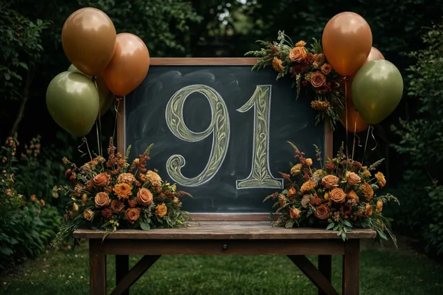 Een krijtbord met sierlijke cijfers 91 staat op een houten tuintafel tussen herfstbloemstukken en gouden en groene ballonnen, met groen op de achtergrond.