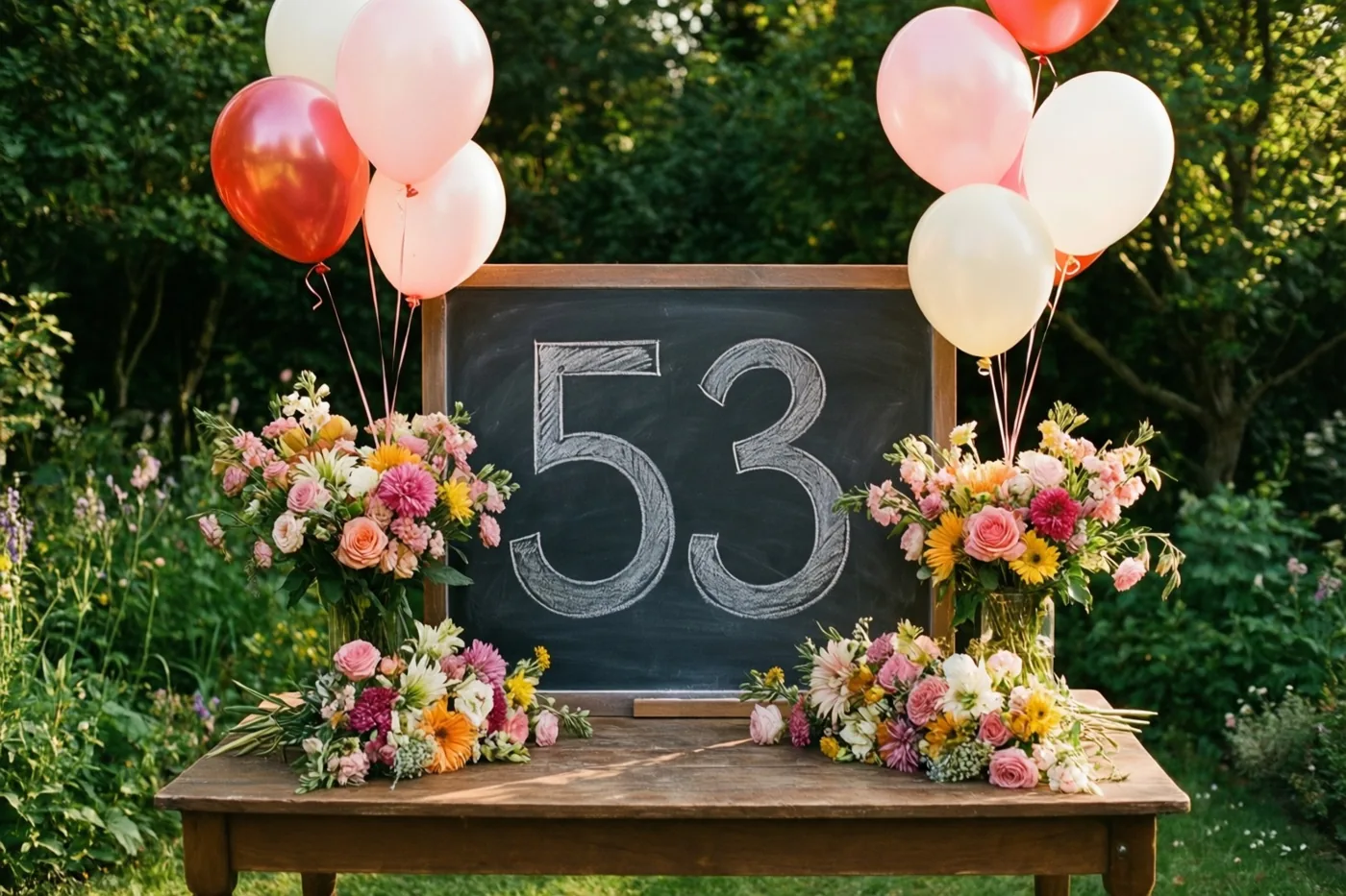 Een krijtbord met 53 in grote witte krijtletters staat op een houten tuintafel tussen bloemstukken en roze, rode en witte ballonnen in een zonnige tuin.