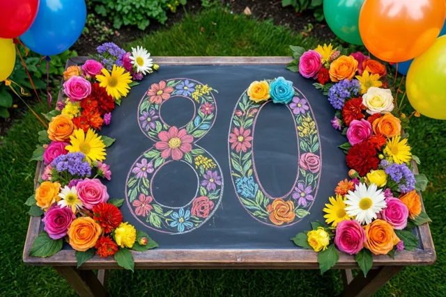 Een krijtbord op een houten tuintafel toont het getal 80 met kleurrijke krijtbloemen, omringd door verse bloemen en ballonnen op een groen gazon.