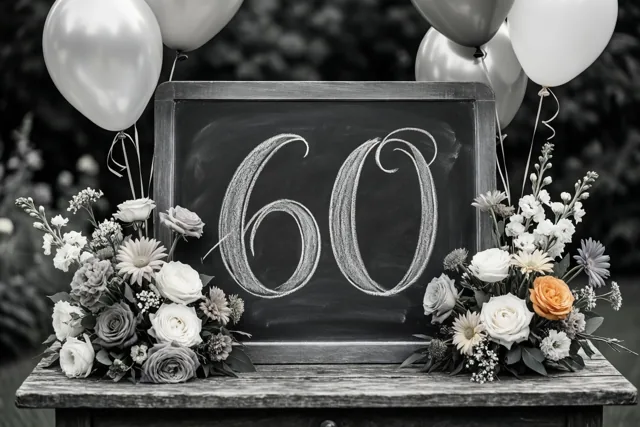 Een krijtbord met 60 in wit krijt staat tussen bloemstukken en zilveren en witte ballonnen op een houten tafel, in zwart-wit met één oranje roos.