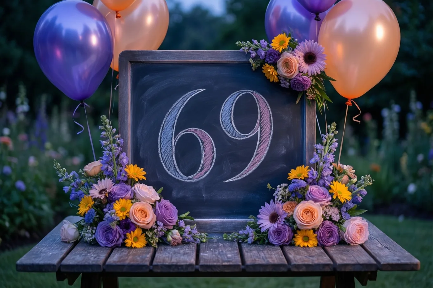 Een krijtbord met 69 in wit krijt staat bij schemering op een houten tuintafel tussen kleurrijke bloemstukken en paarse en perzikkleurige ballonnen.