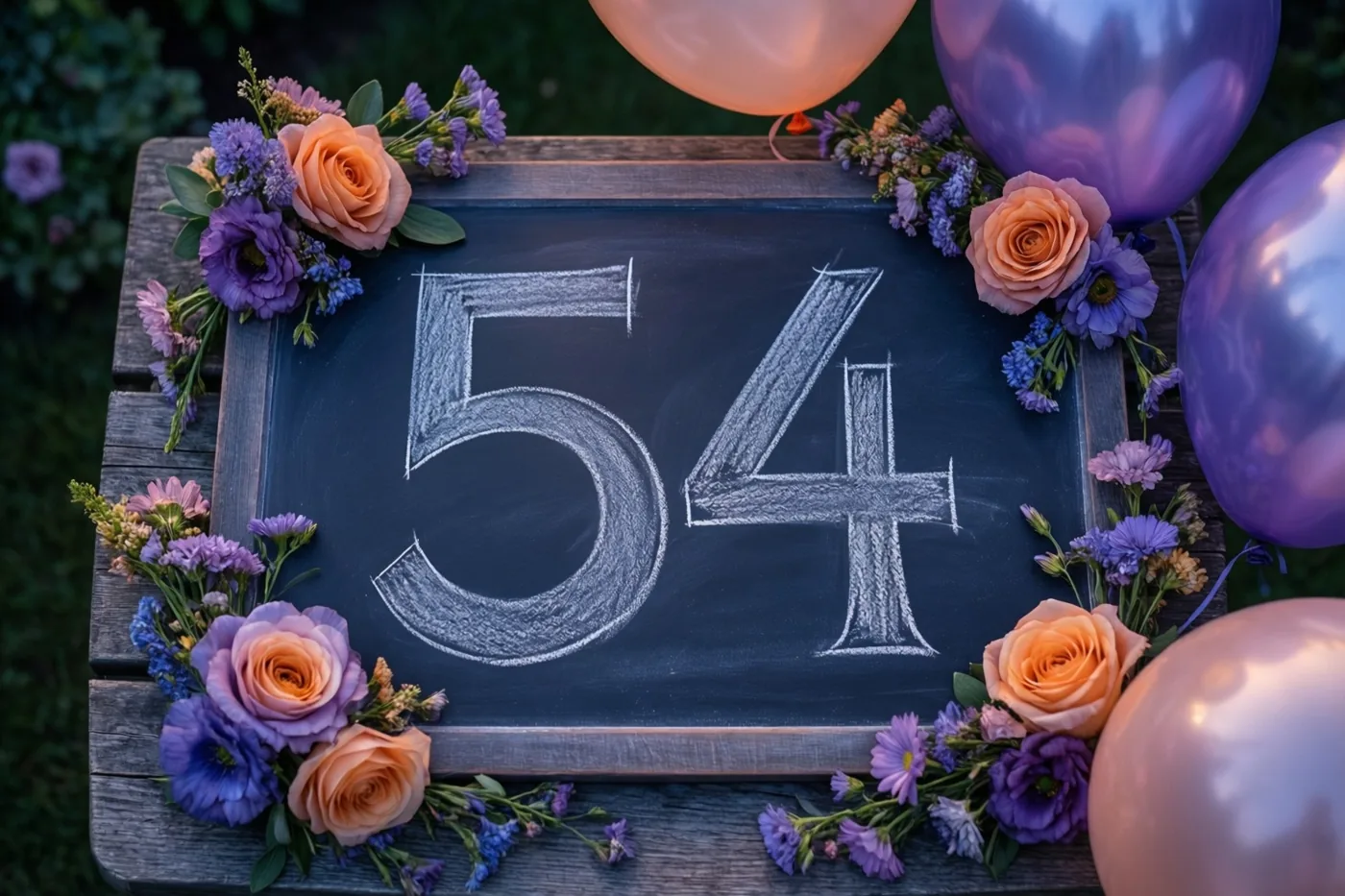 Een krijtbord met 54 in wit krijt staat op een houten tuintafel tussen paarse en perzikkleurige bloemen en ballonnen.