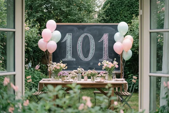 Door een raam zie je een gedekte tuintafel met een krijtbord waarop 101 staat, roze en mintgroene ballonnen en bloemstukken.