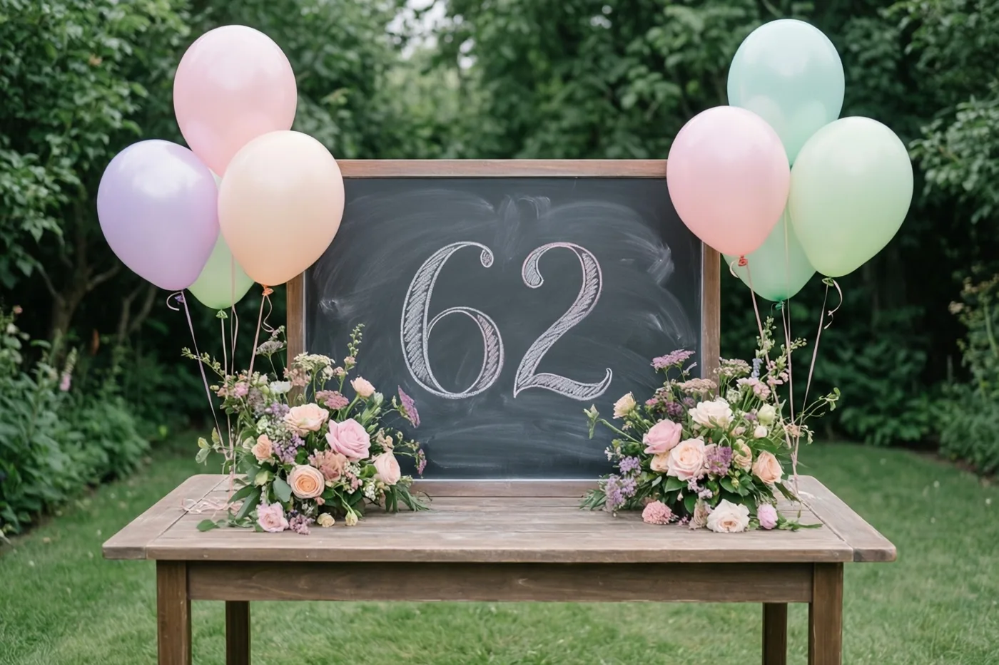 Een krijtbord met 62 in wit krijt staat op een houten tuintafel tussen pastelballonnen en bloemstukken in een groene tuin.