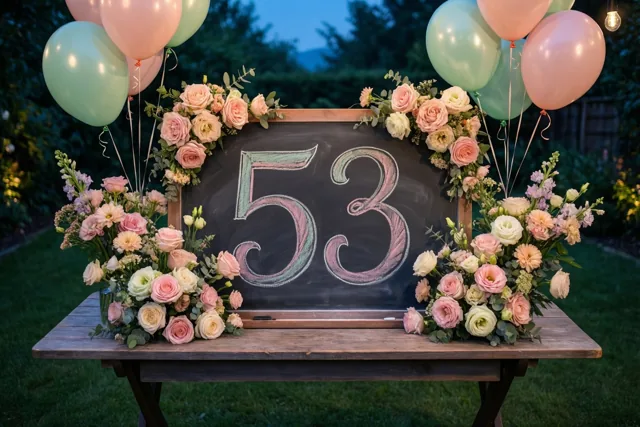 Een krijtbord met 53 in gekleurd krijt staat op een houten tuintafel tussen bloemstukken en ballonnen bij schemering in zachte pasteltinten.