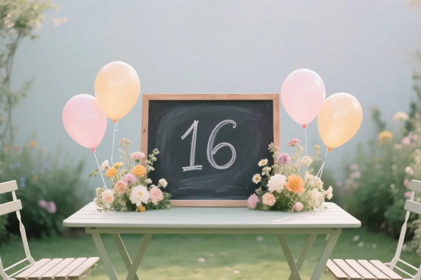 Een krijtbord met 16 in wit krijt staat op een lichtgroene tuintafel tussen bloemstukken en roze en perzikkleurige ballonnen.