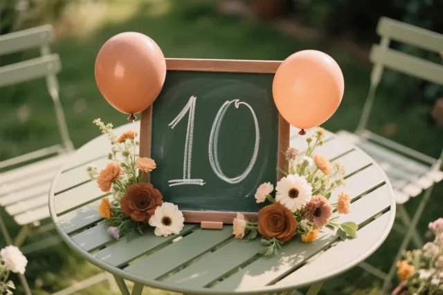 Een krijtbord met het getal 10 staat op een groene tuintafel tussen twee perzikkleurige ballonnen en een bloemstuk.