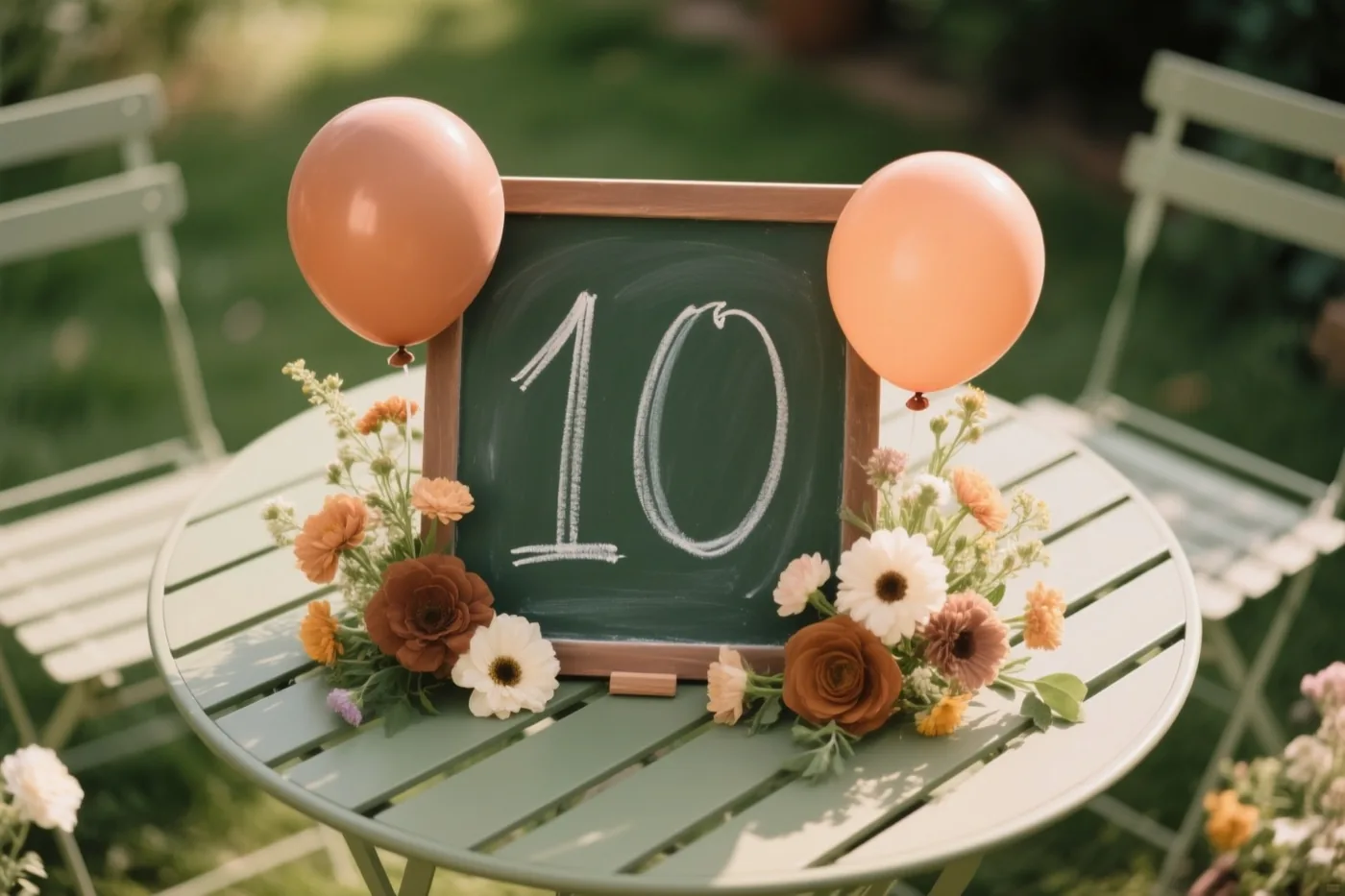 Een krijtbord met het getal 10 staat op een groene tuintafel tussen twee perzikkleurige ballonnen en een bloemstuk.