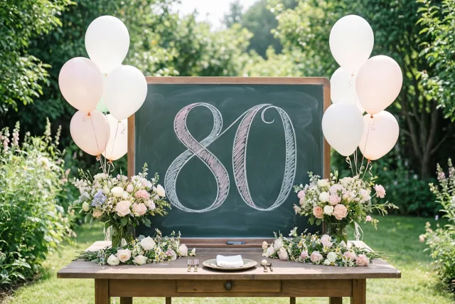 Op een houten tuintafel staat een krijtbord met een sierlijk geschreven 80, tussen bloemstukken en witte en zachtroze ballonnen in een zonnige, groene tuin.