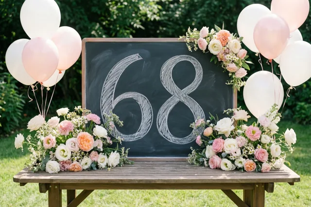 Een krijtbord met 68 in wit krijt staat op een houten tuintafel tussen bloemstukken en roze en witte ballonnen, op een grasveld met groen op de achtergrond.
