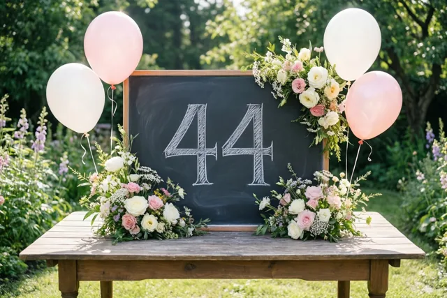 Een krijtbord met 44 in wit krijt staat op een houten tafel tussen bloemstukken en roze en witte ballonnen in een zonnige tuin.