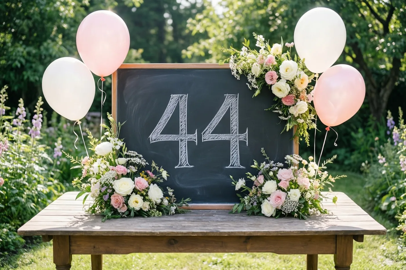 Een krijtbord met 44 in wit krijt staat op een houten tafel tussen bloemstukken en roze en witte ballonnen in een zonnige tuin.