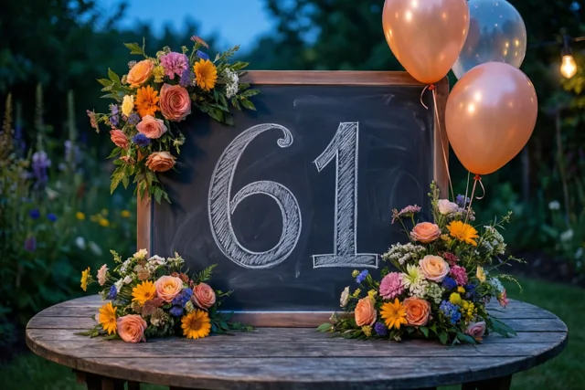 Een krijtbord met 61 in wit krijt staat op een houten tuintafel tussen kleurrijke bloemstukken en rozegouden ballonnen in de schemering.