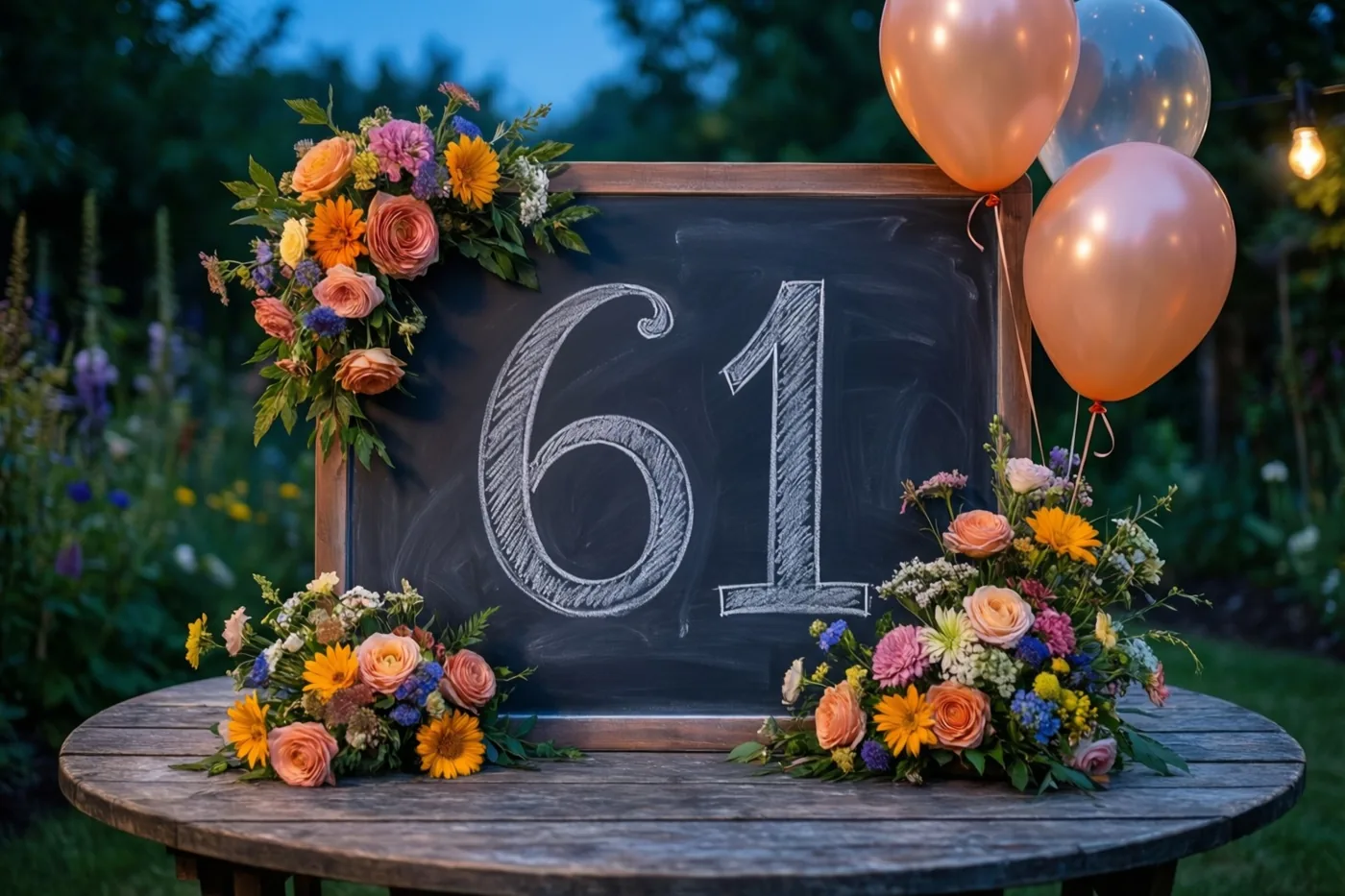 Een krijtbord met 61 in wit krijt staat op een houten tuintafel tussen kleurrijke bloemstukken en rozegouden ballonnen in de schemering.